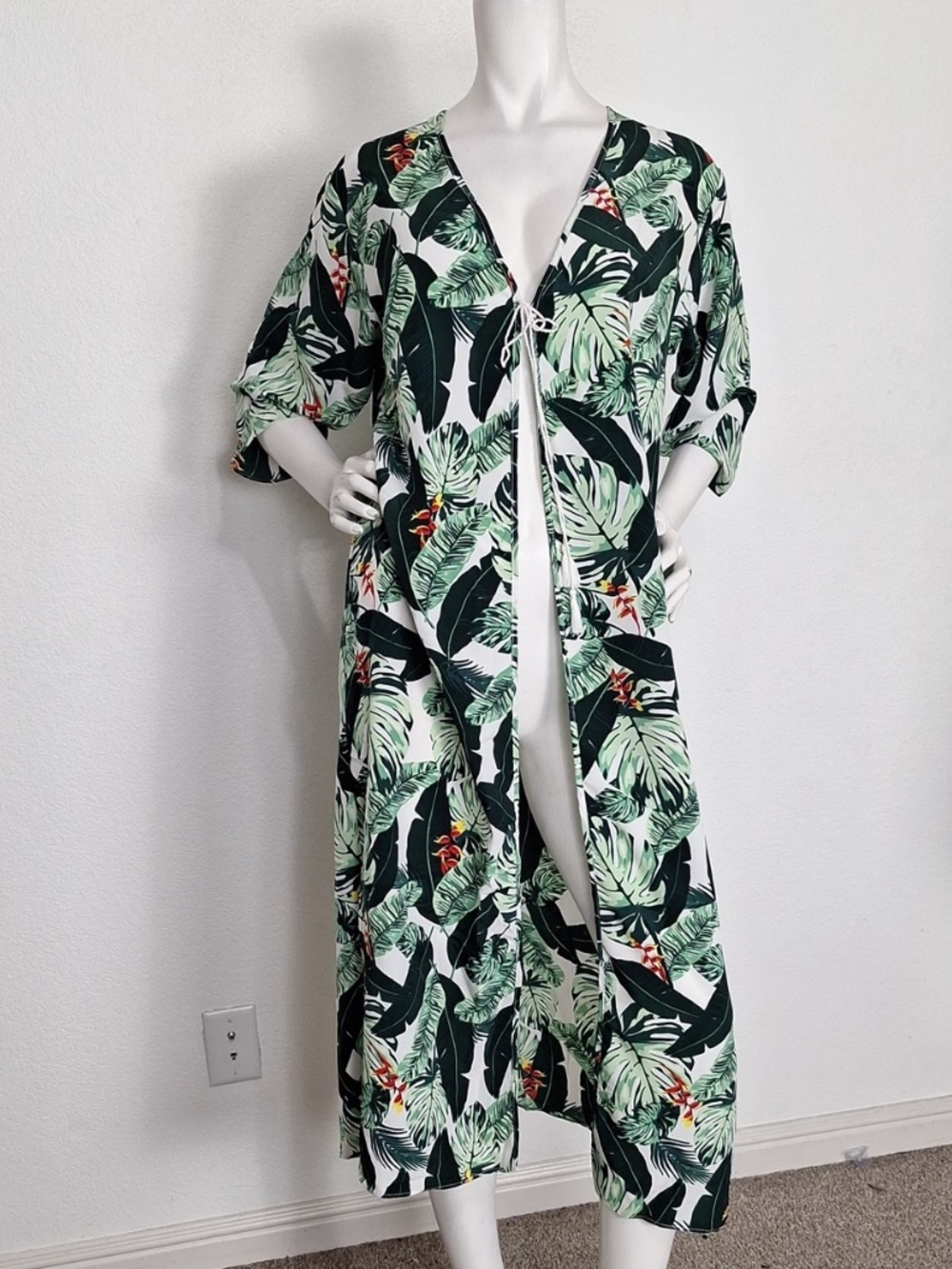 Rachel Zoe Green White Tropical Leaf Kimono Style Coastal Swim Cover-Up Size O/S